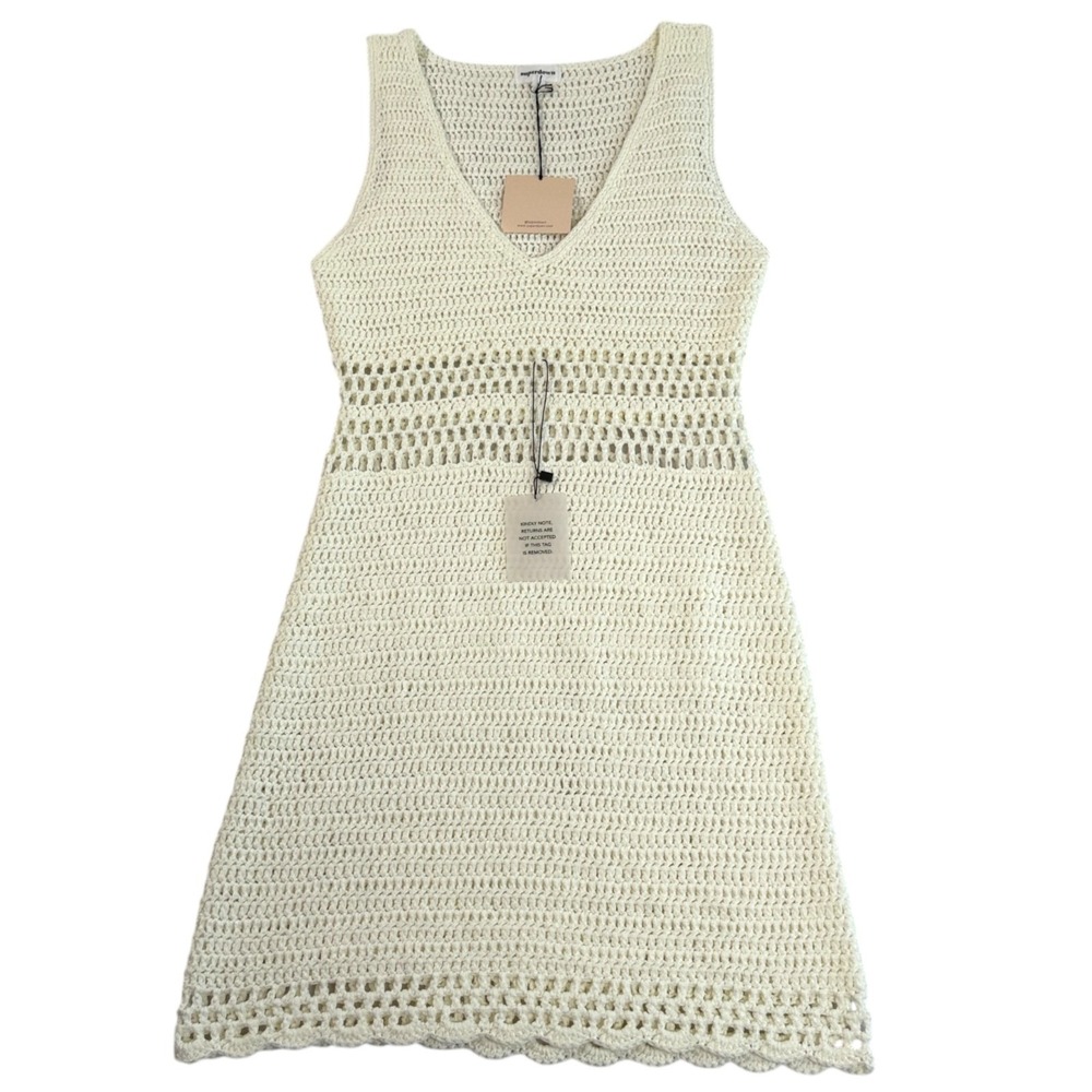 Superdown Open Knit Crochet Mini Dress Sz L Ivory Boho Beach Cover Up Festival - Picture 5 of 10